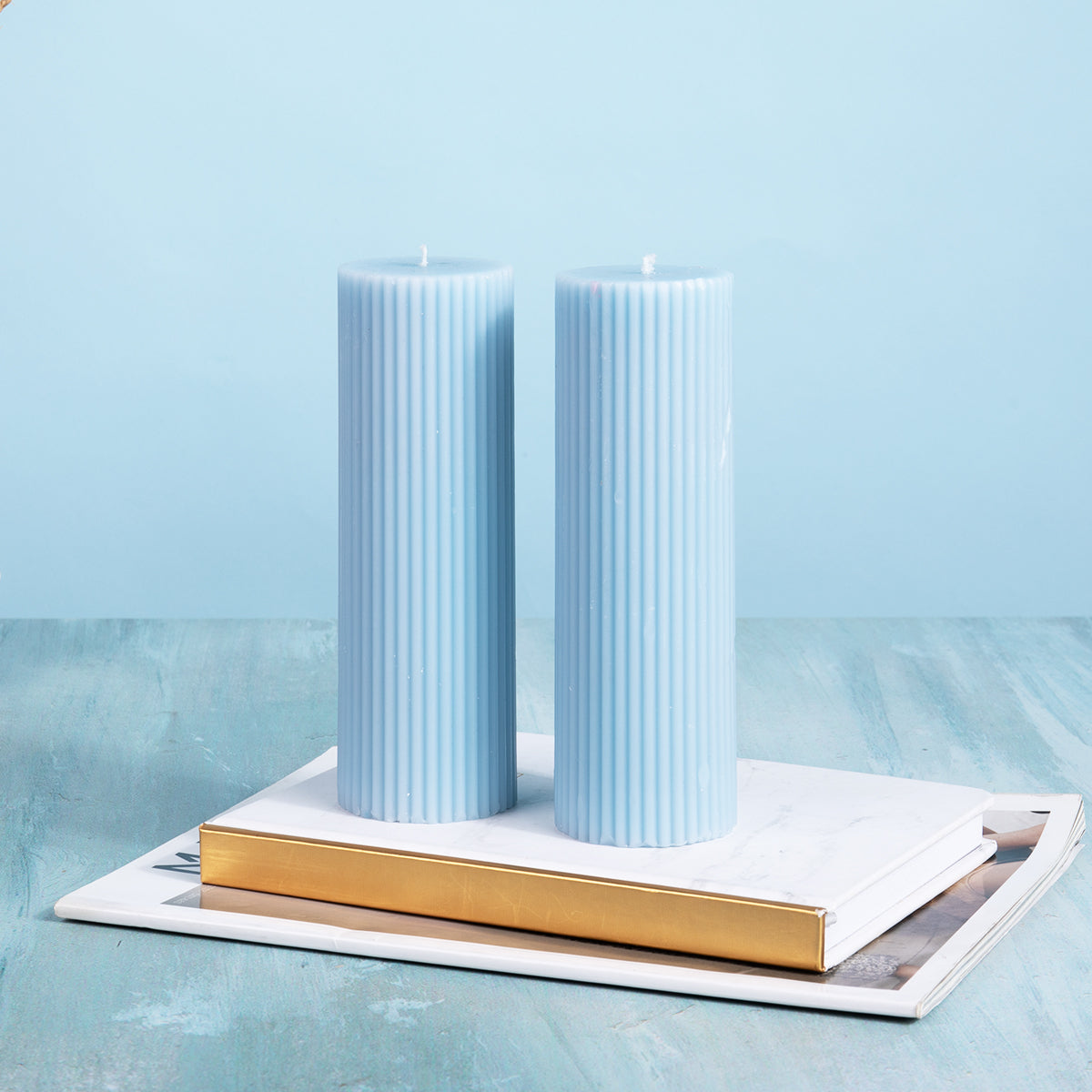 Set of 2 Fluted Pillar Candles - Ocean Mist (Blue) - Short