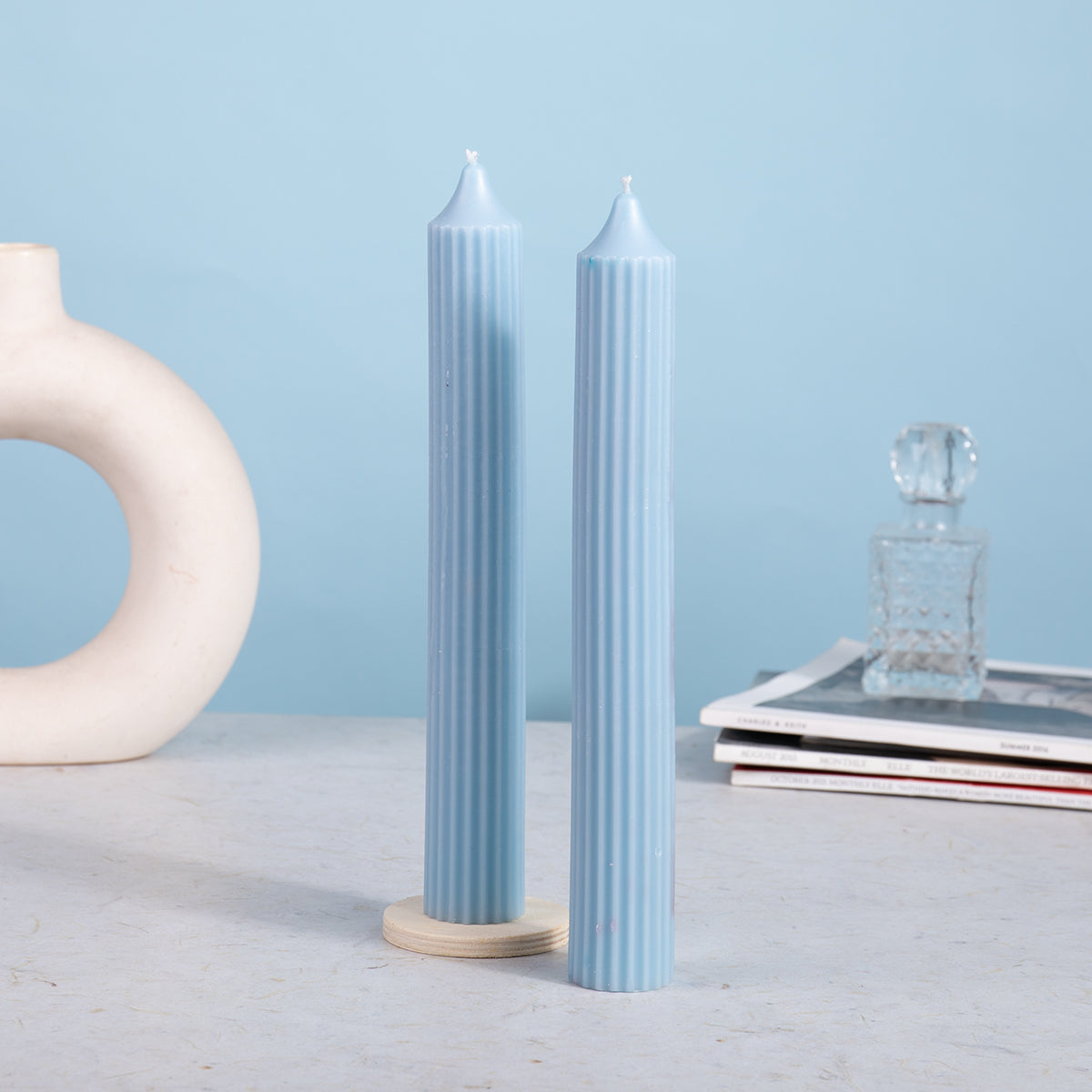 Set of 2 Fluted Pillar Candles - Ocean Mist (Blue) - Tall