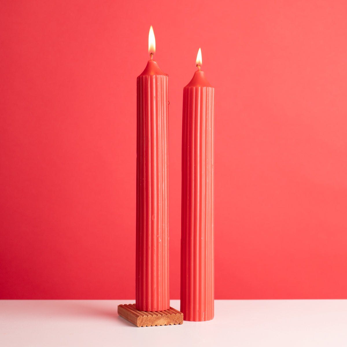 Set of 2 Fluted Pillar Candles - Royal Rose (Red) - Tall