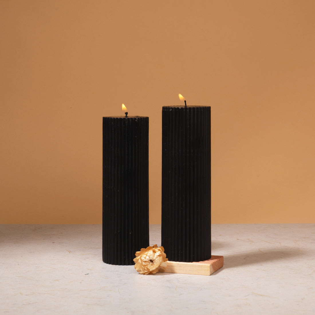 Set of 2 Fluted Pillar Candles - Noir Essence (Black) - Short