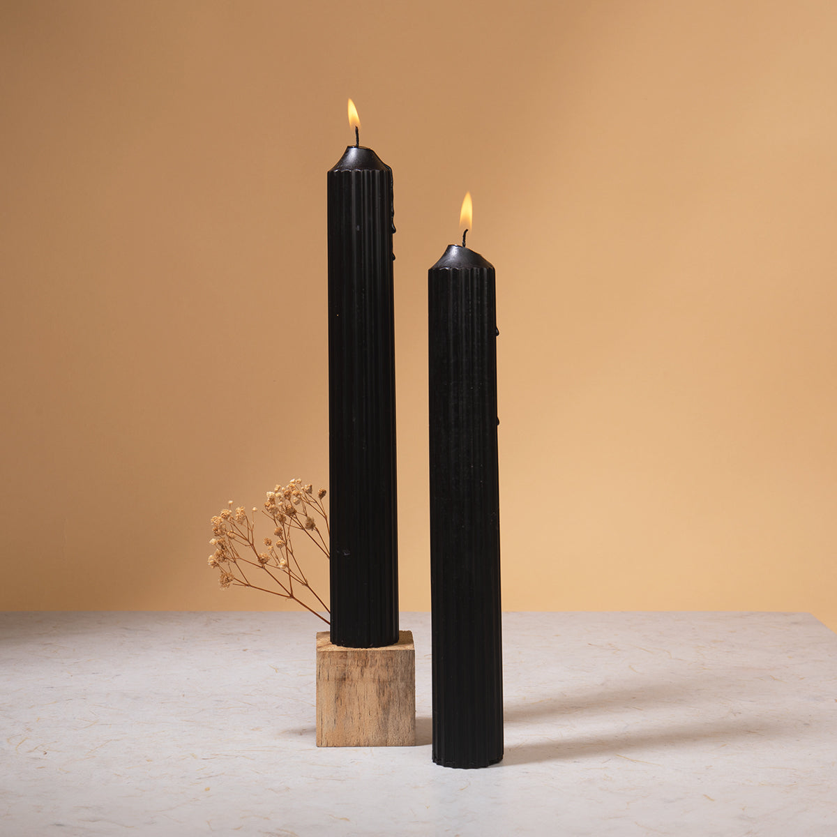 Set of 2 Fluted Pillar Candles - Noir Essence (Black) - Tall