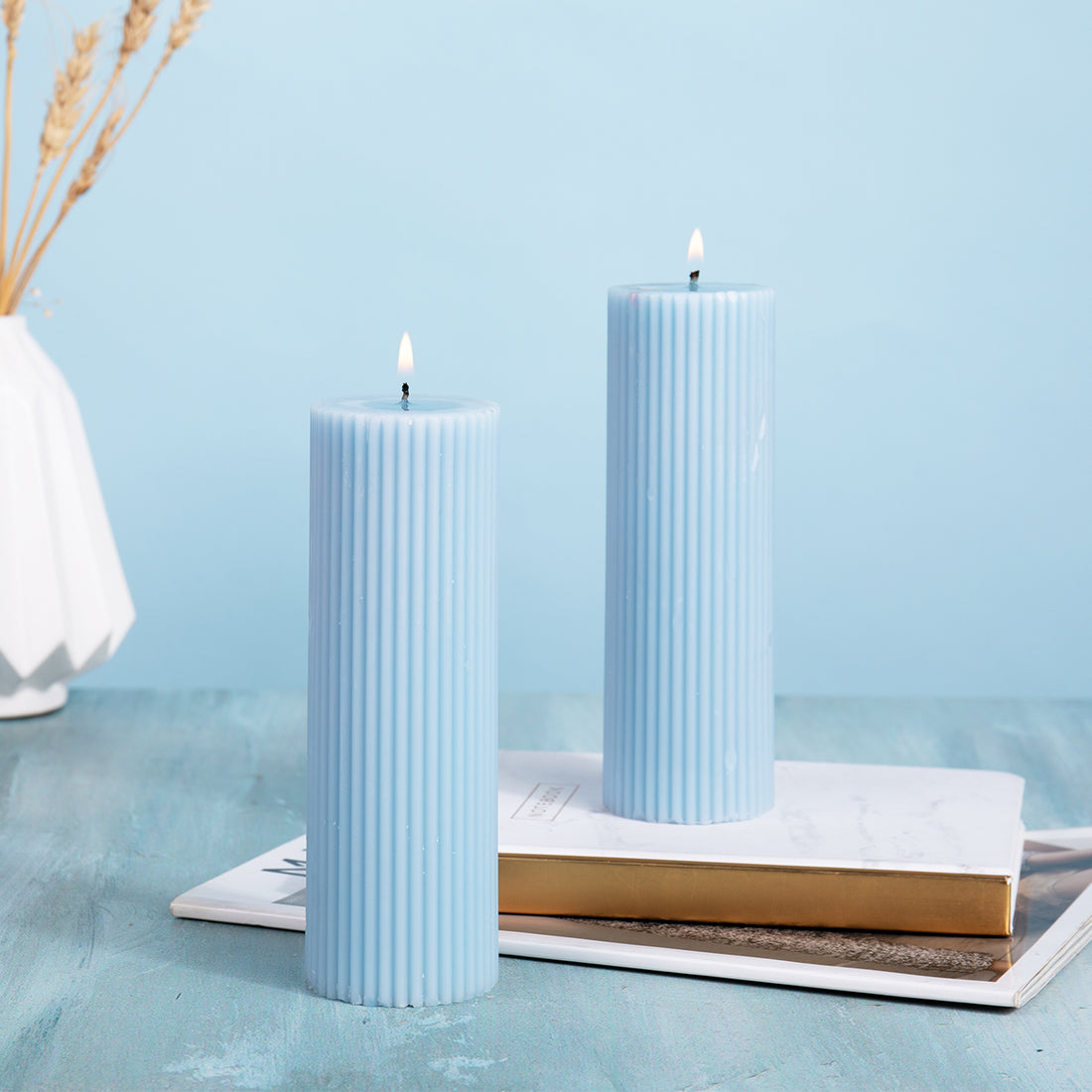 Set of 2 Fluted Pillar Candles - Ocean Mist (Blue) - Short