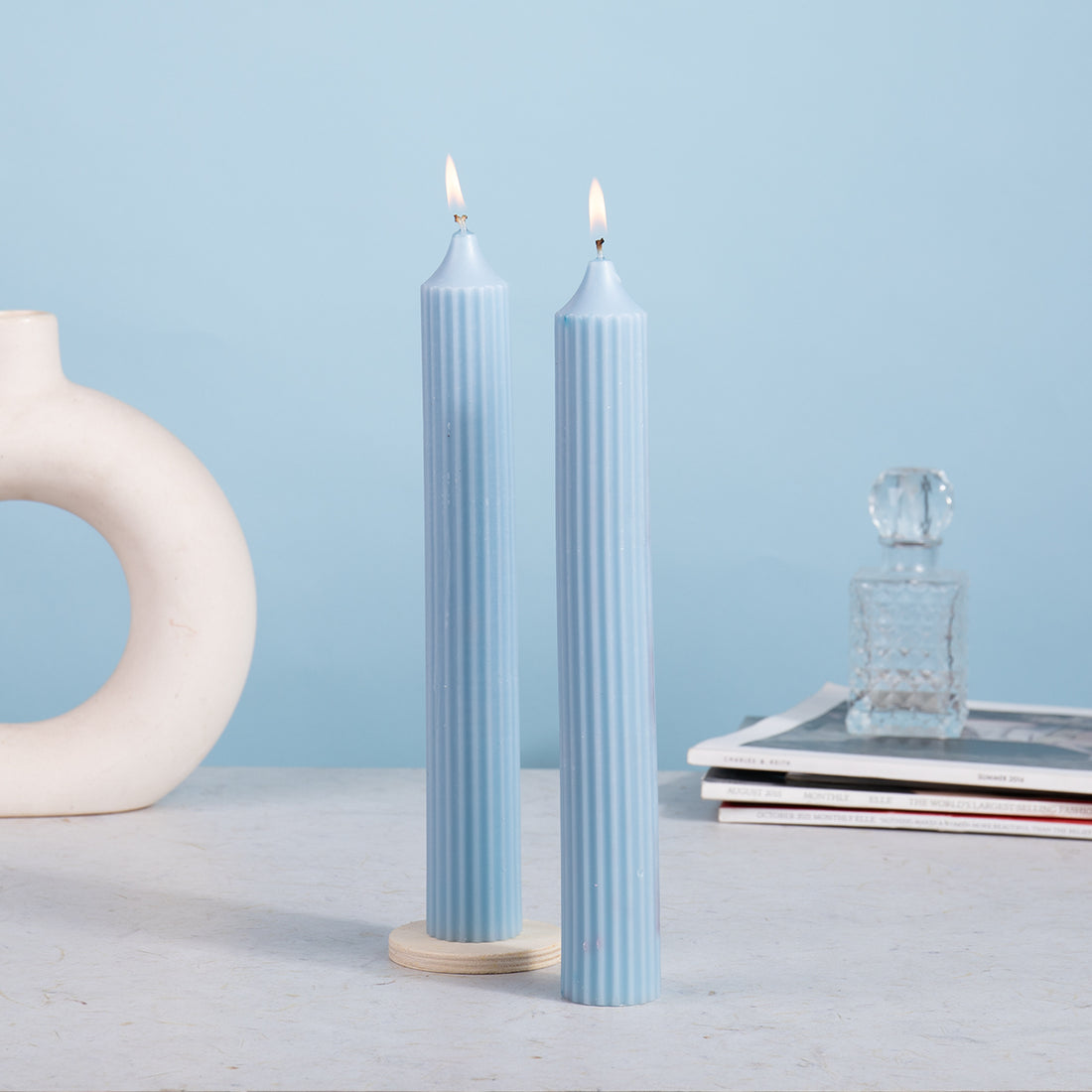 Set of 2 Fluted Pillar Candles - Ocean Mist (Blue) - Tall