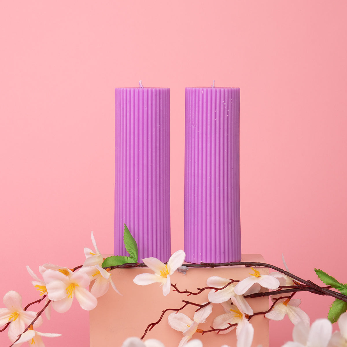 Set of 2 Fluted Pillar Candles - Vanilla Cream (Purple) - Short