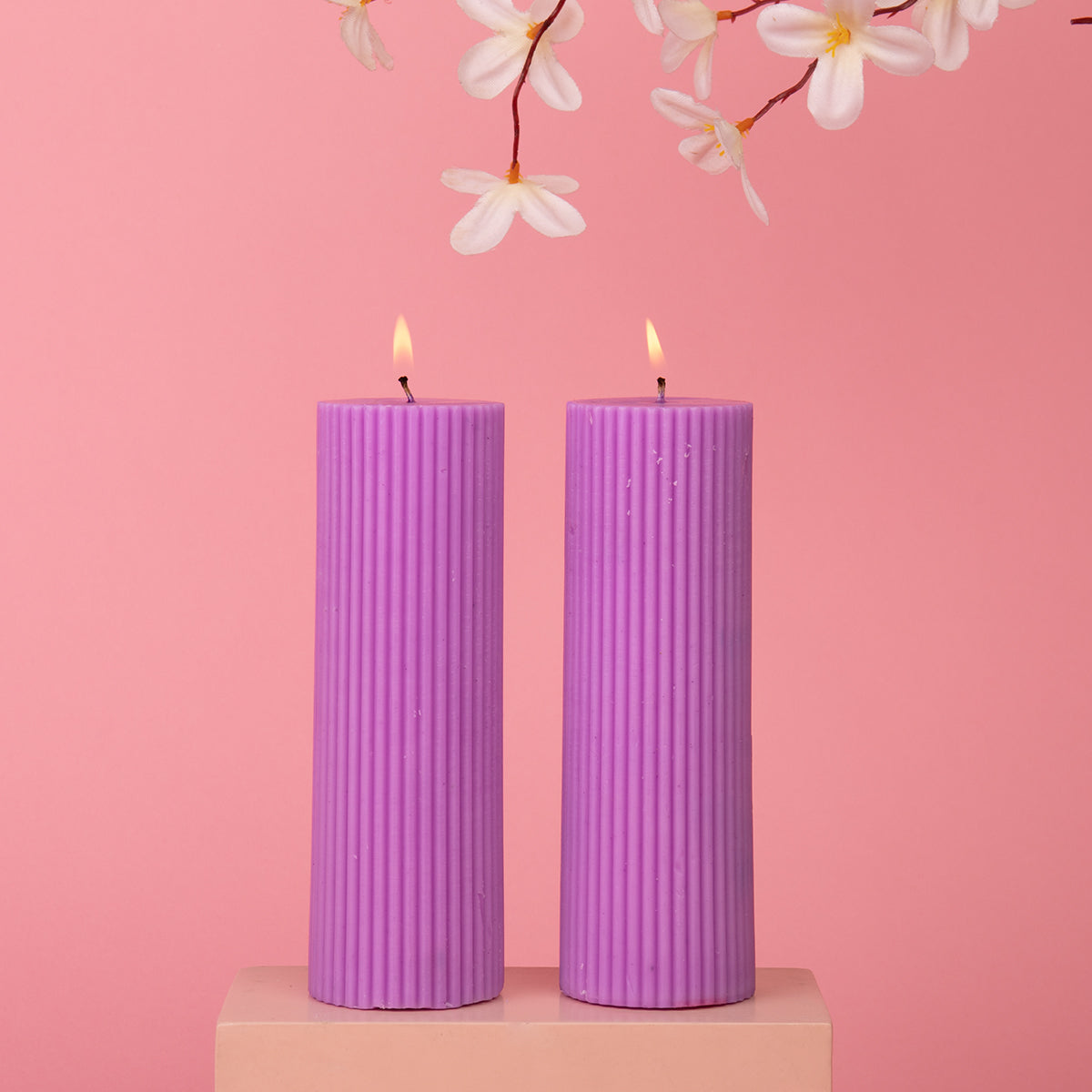 Set of 2 Fluted Pillar Candles - Vanilla Cream (Purple) - Short