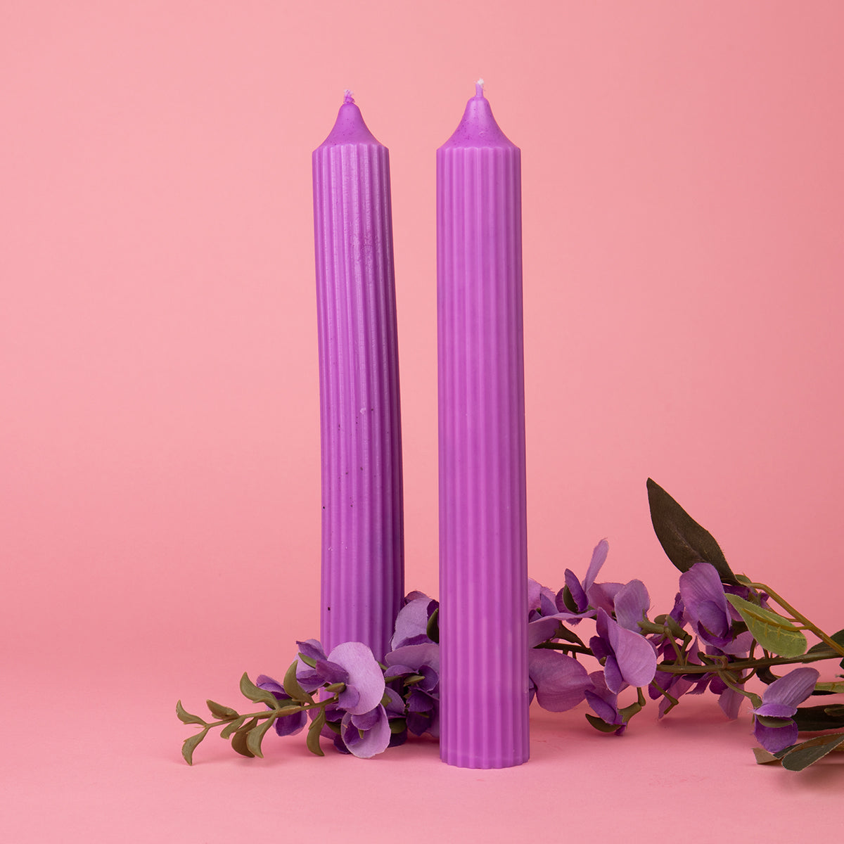 Set of 2 Fluted Pillar Candles - Vanilla Cream (Purple) - Tall