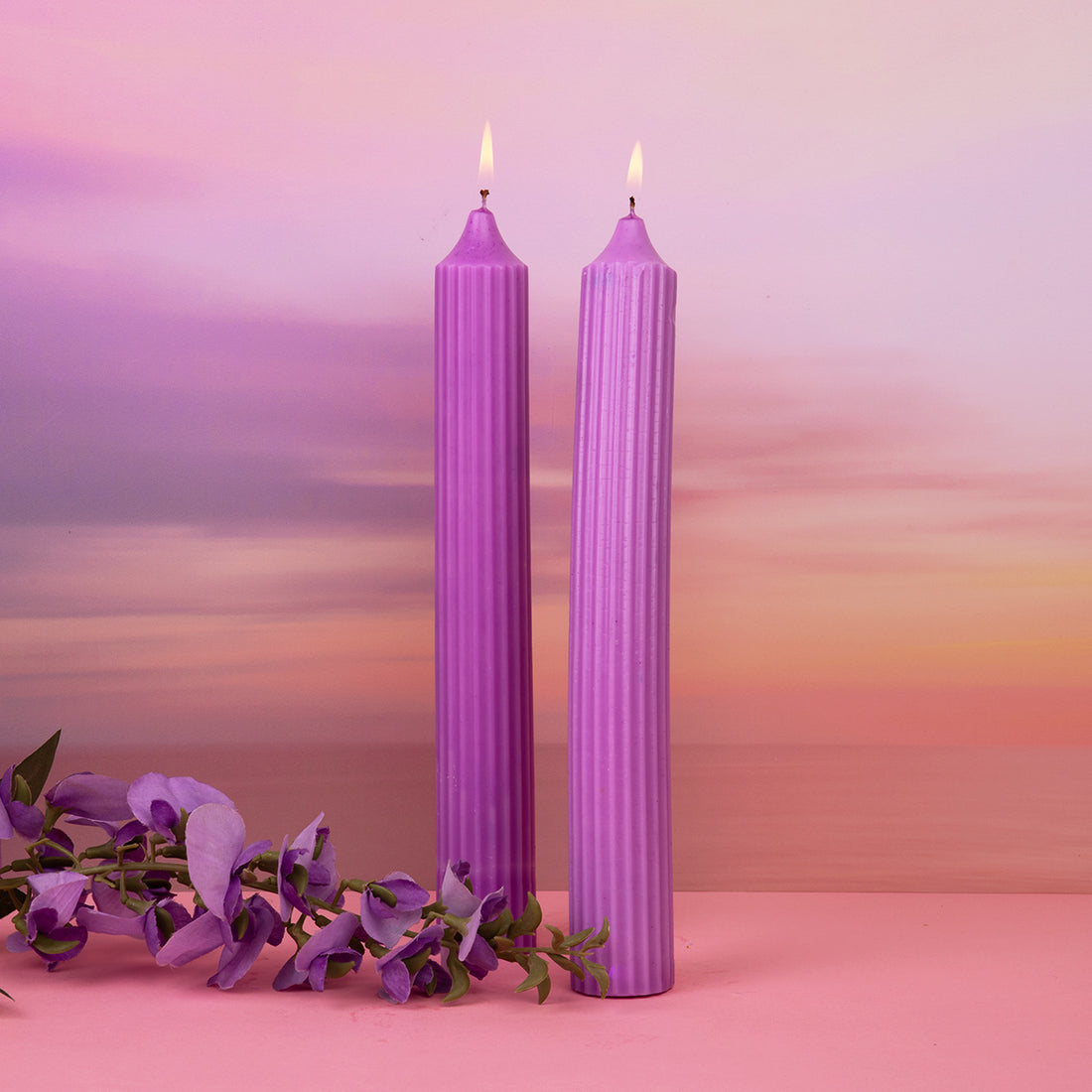 Set of 2 Fluted Pillar Candles - Vanilla Cream (Purple) - Tall